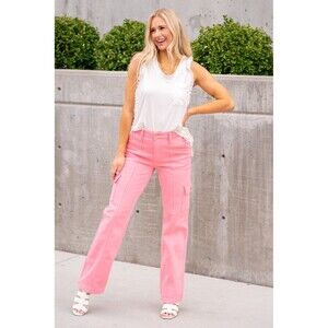 JUDY BLUE PRETTY IN PINK HIGH RISE CARGO STRAIGHT LEG JEANS Plus Size 14W